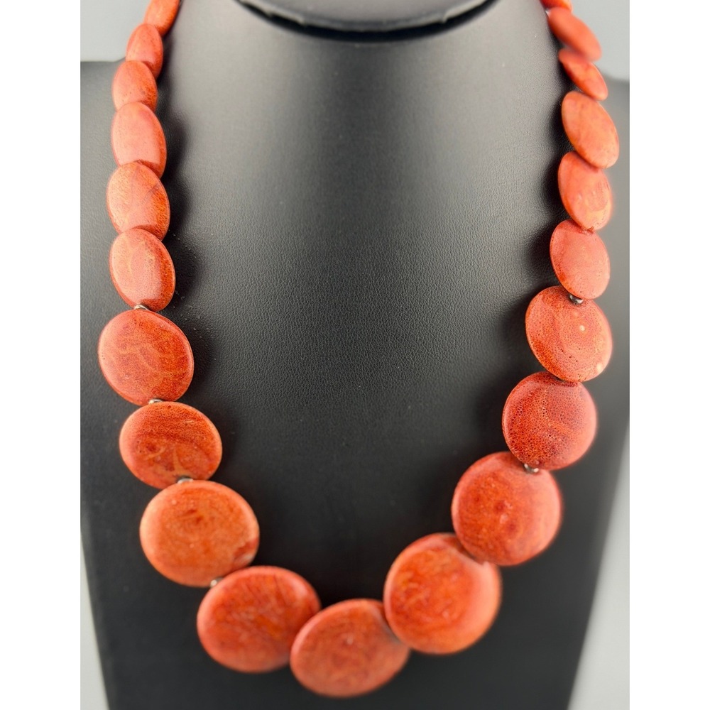 Vintage Coral Necklace Graduated Disc Beads Sterling Silver Clasp 18" 80g